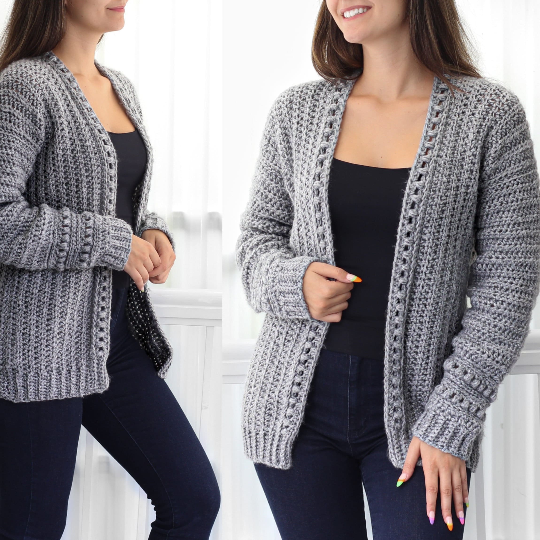 Schema all'uncinetto - ANDREA Schema cardigan all'uncinetto PDF - Schema all'uncinetto da donna - Schema pullover con pompon - Cardigan all'uncinetto