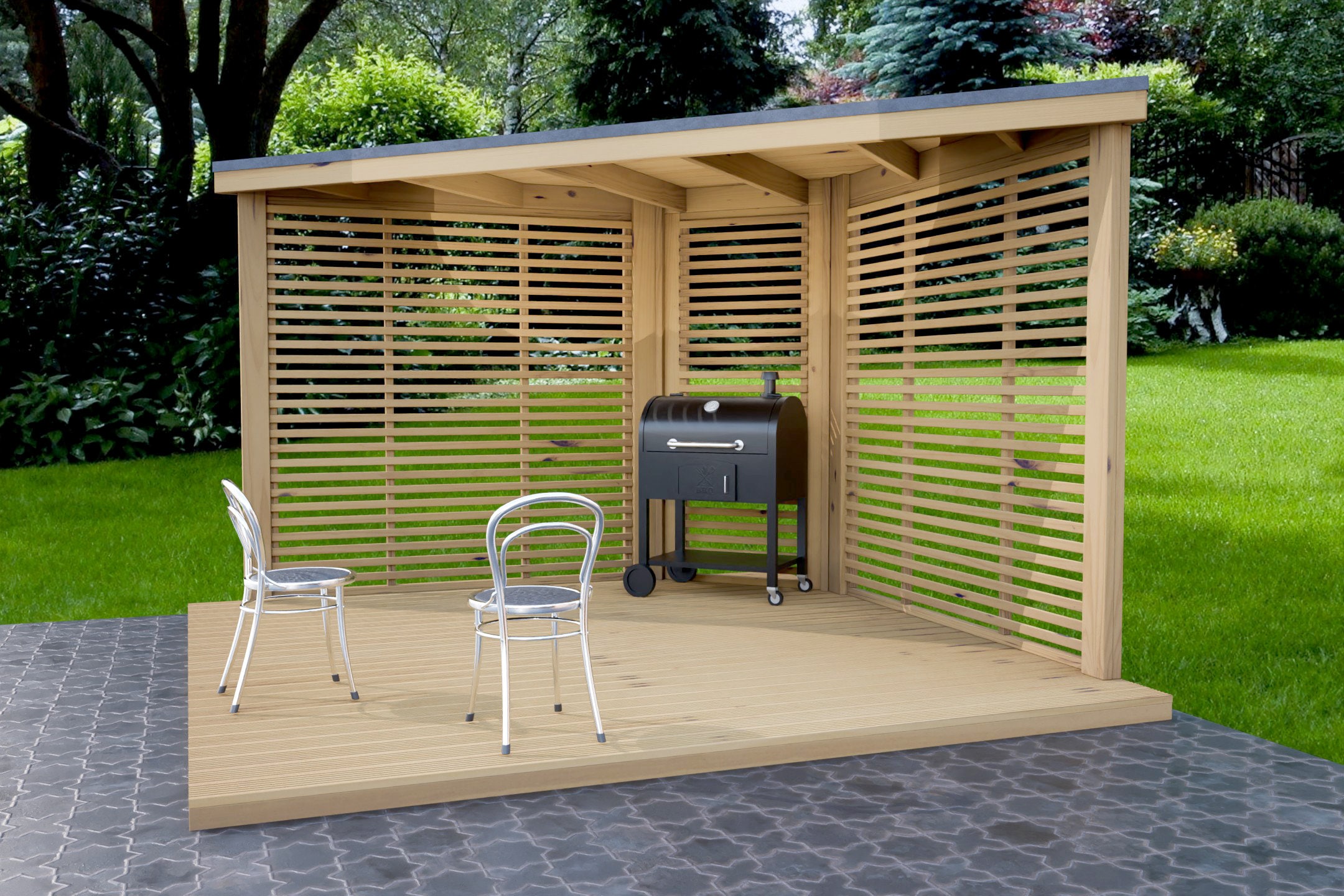 Progetti per un riparo angolare da giardino in legno 2,6 m x 4,8 m e un ponte 3,6 m x 3,6 m per barbecue. Progetti di falegnameria digitale solo nel R