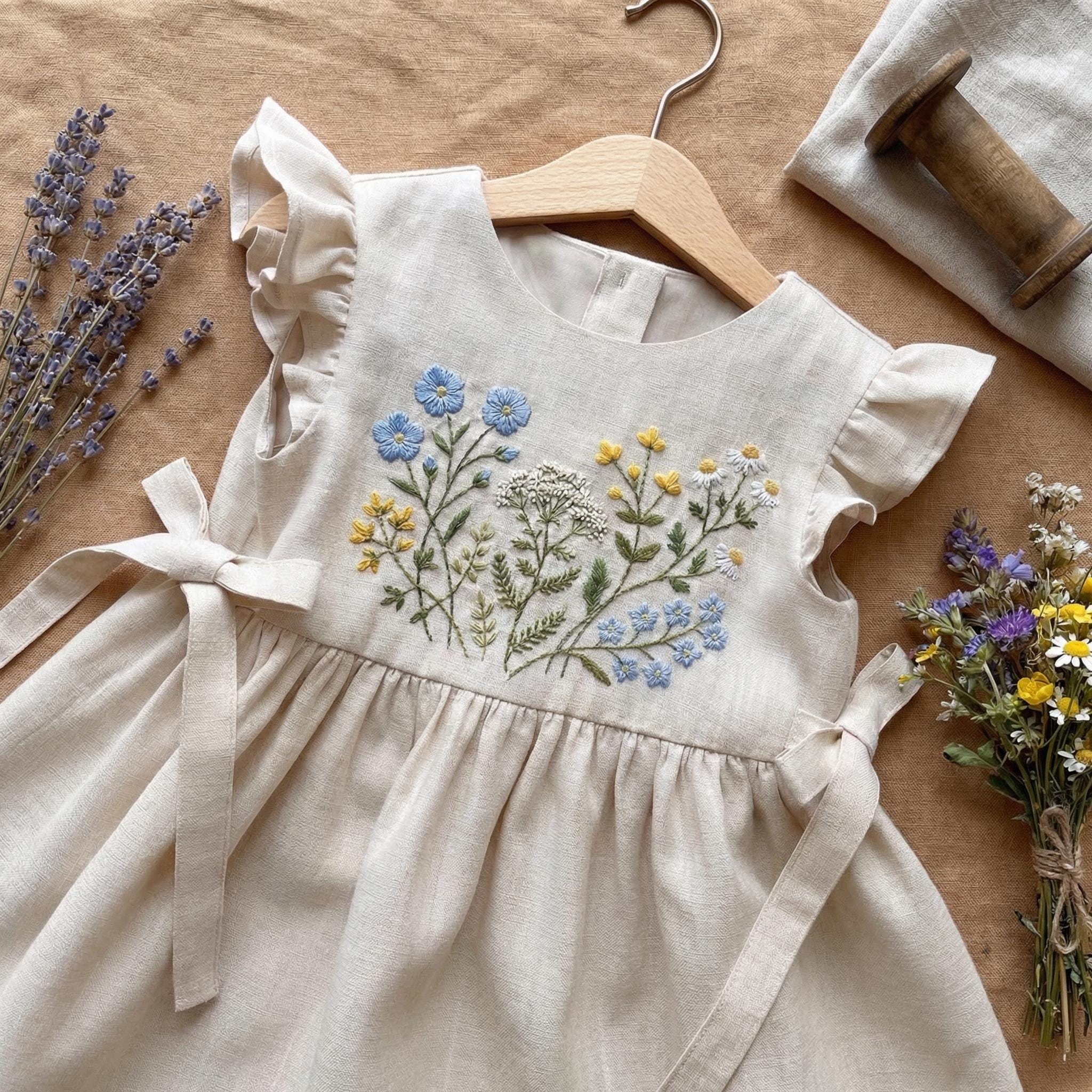 Abito in lino con fiori di campo ricamato a mano e fiocco, abito in lino morbido, abito in lino per bambine, abito da compleanno personalizzato, abito