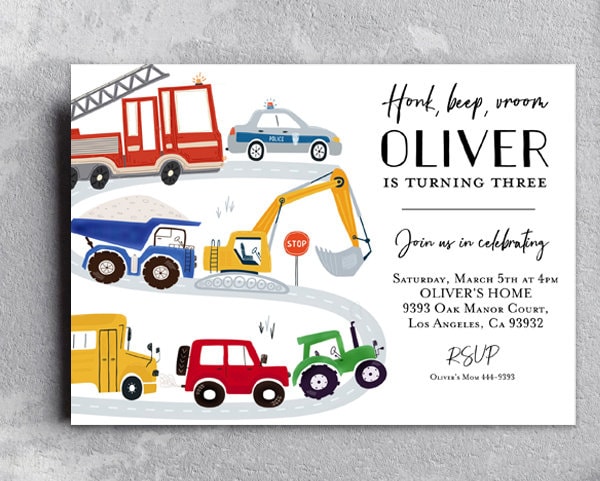 Invito di compleanno a tema trasporti, invito di compleanno per auto e camion, festa di compleanno con camion, invito di compleanno a tema veicoli, ca