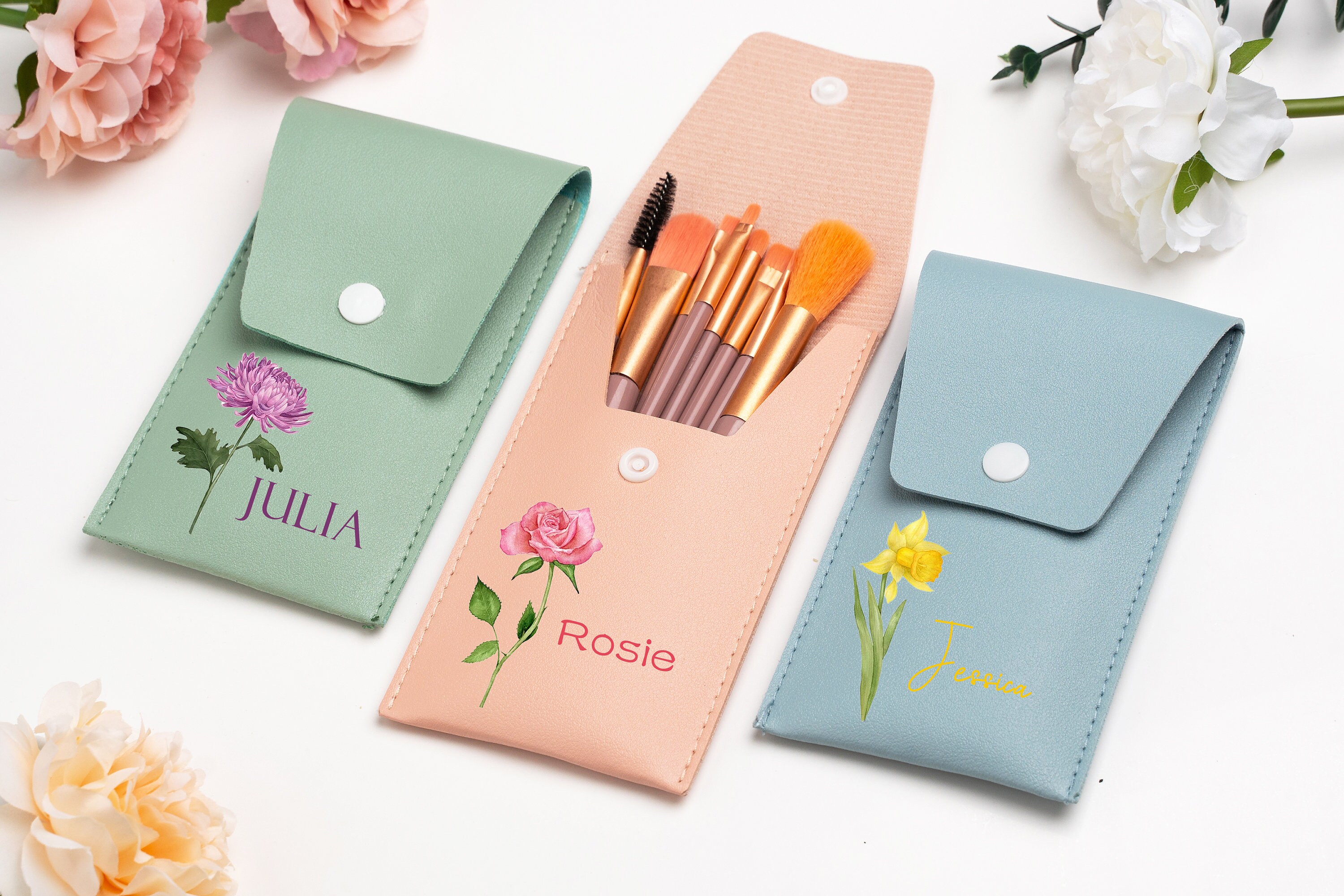 Set di pennelli da trucco da viaggio personalizzati, pennelli da trucco con fiori di nascita, pennello da trucco con nome personalizzato, regalo per d