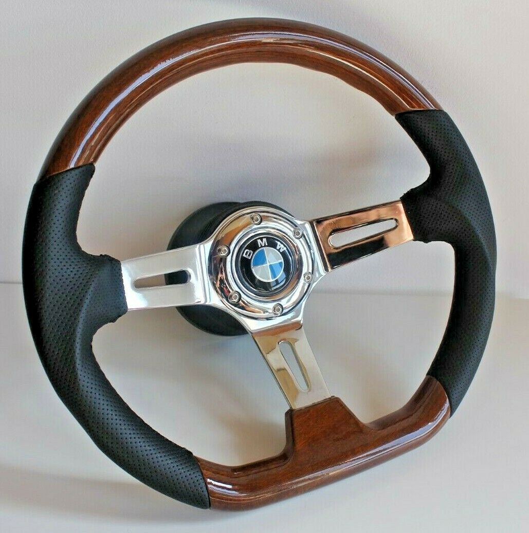 Volante adatto per BMW Usato, personalizzato, ricostruito in legno da 350 mm, Sportivo, ricostruito a mano, Fondo piatto, E39, E46, Z3, Facelift, 1999