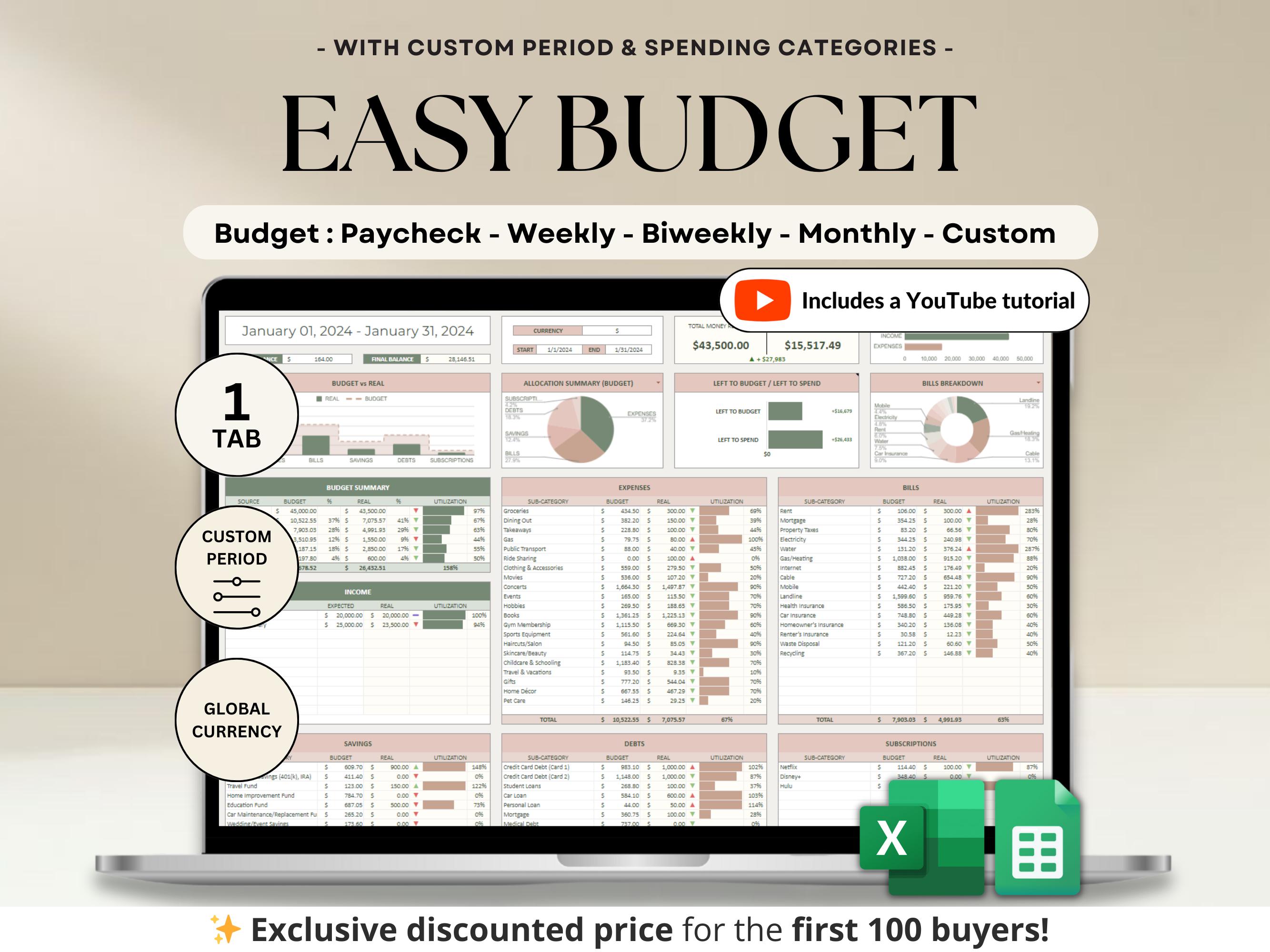 Pianificatore di budget per buste paga per Google Sheets Modello di foglio di calcolo del budget Excel Budget settimanale Pianificatore di budget bise