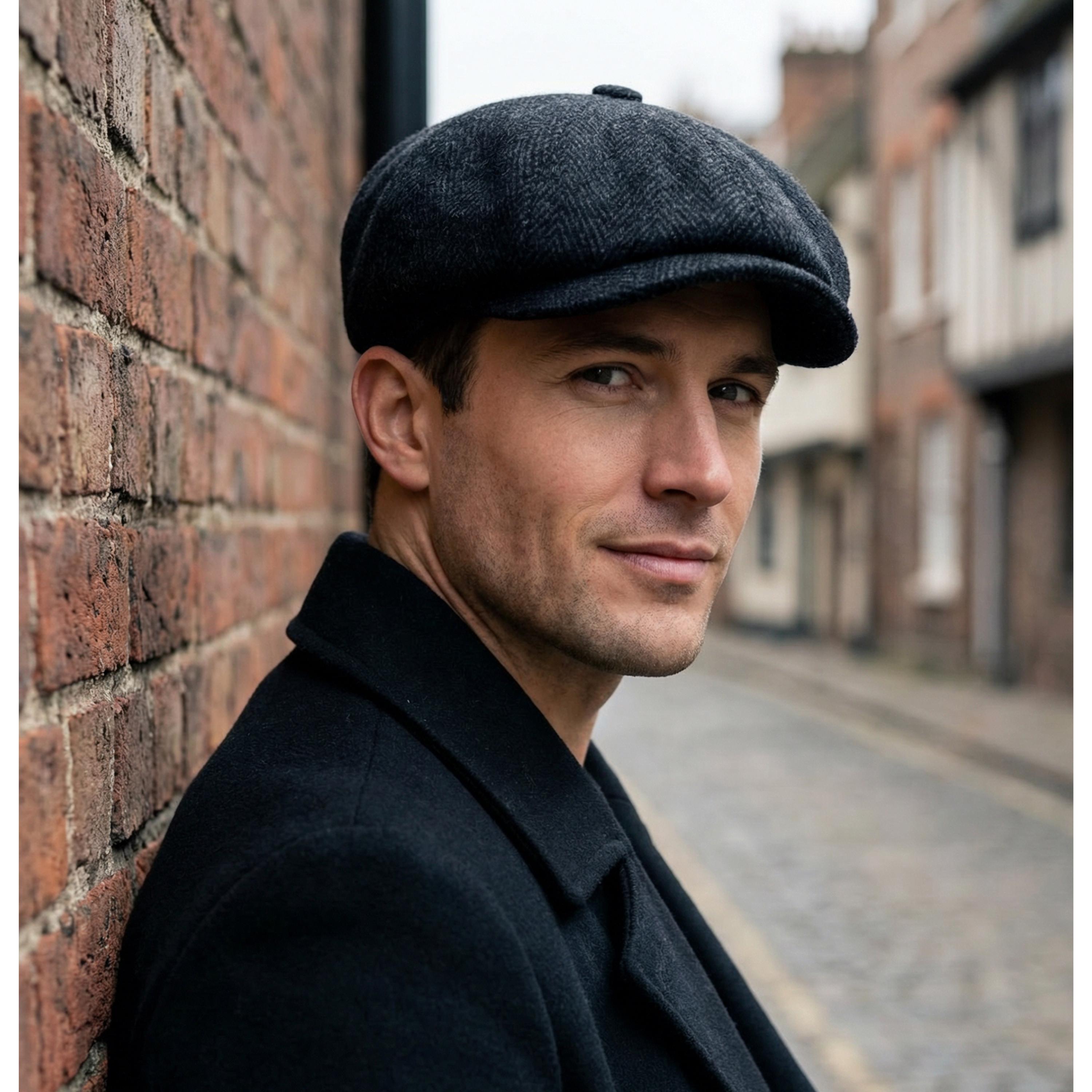 Berretto da giornalaio in lana nera a spina di pesce fatto a mano, cappello Gatsby in stile vintage, berretto Peaky Blinders
