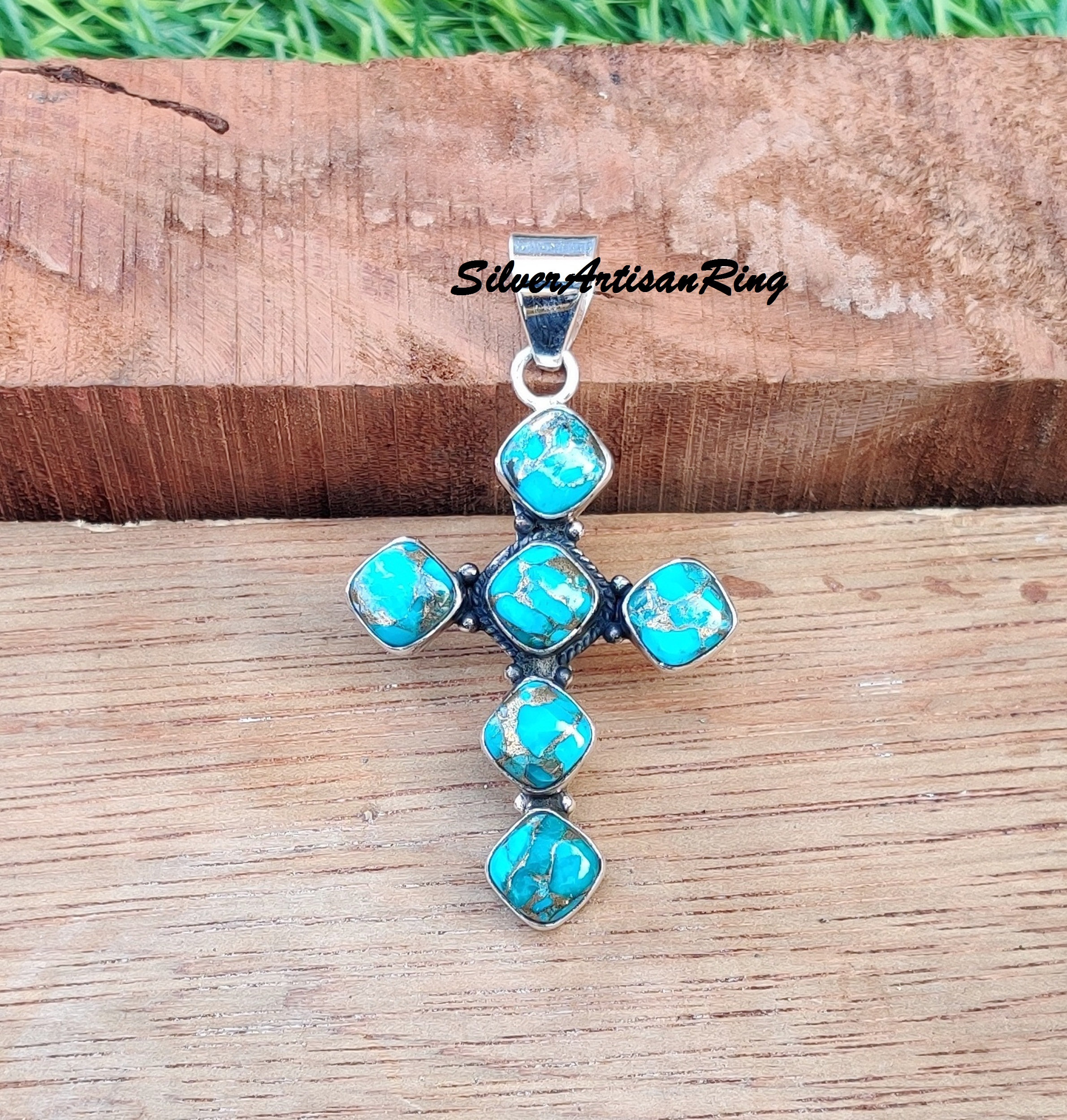 Ciondolo a croce in turchese blu rame, ciondolo a croce in turchese, ciondolo a croce in argento sterling 925, ciondolo con pietra preziosa, ciondolo