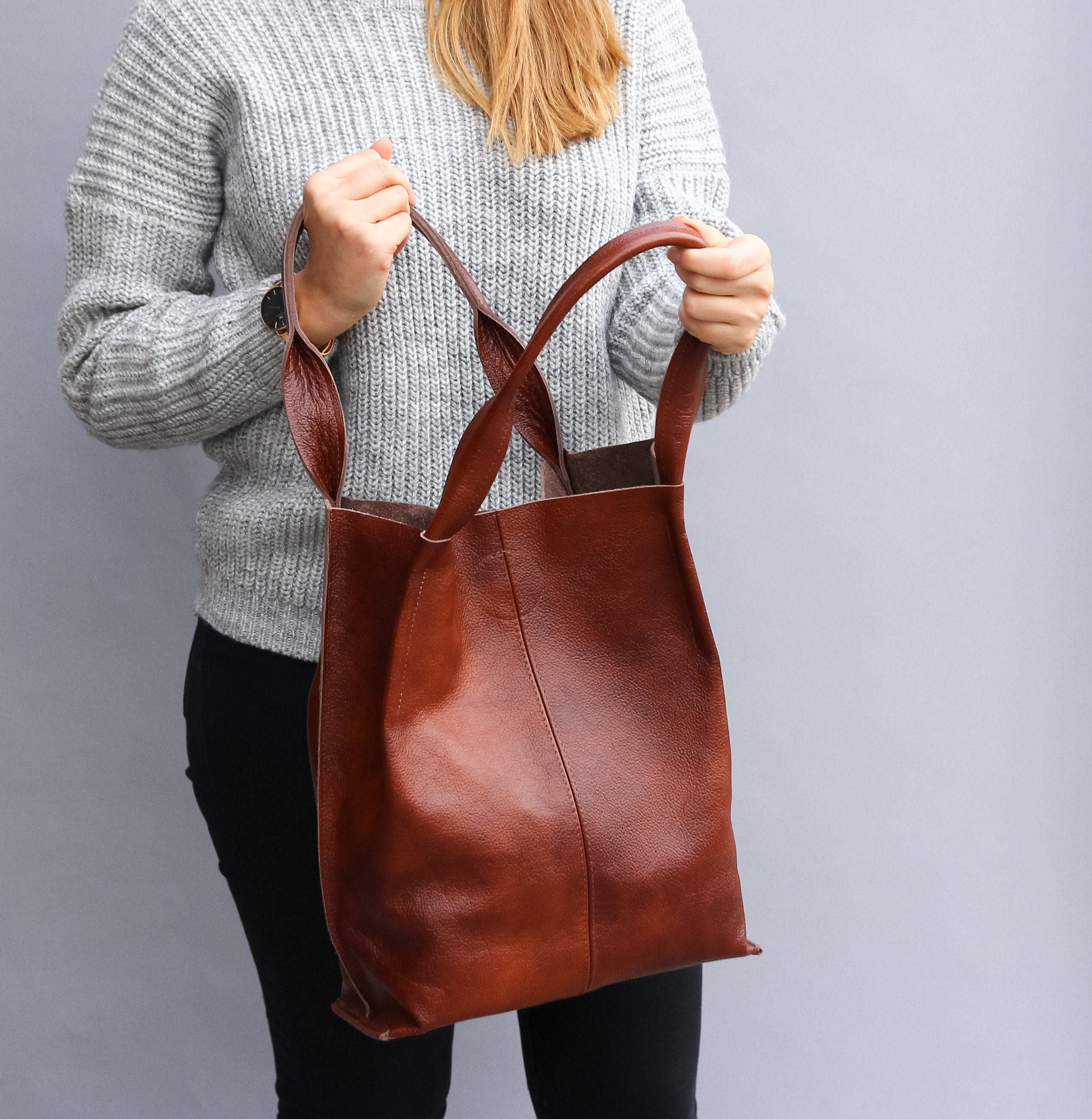 Borsa a tracolla in pelle marrone cognac, borsa shopper in pelle, borsa tote grande, borsa tote, regalo, borsa tote in pelle, borsa a mano grande, bor
