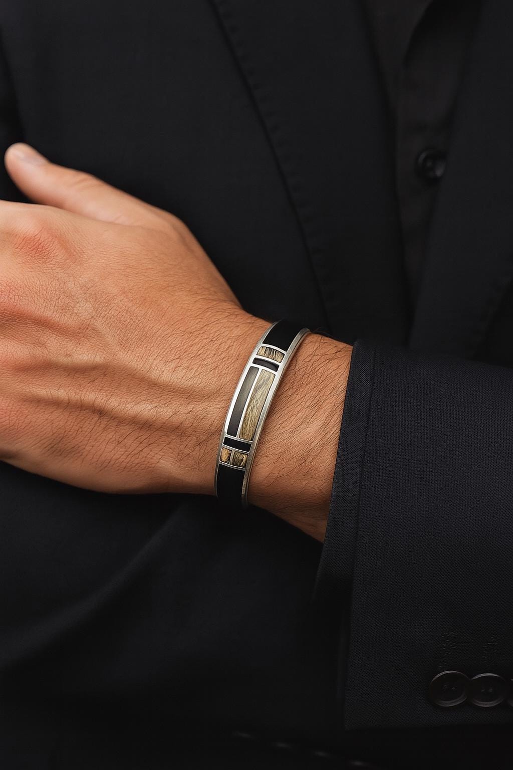 Bracciale rigido da uomo, bracciale in onice nero e legno, bracciale rigido in argento sterling, bracciale rigido da uomo, bracciale rigido in onice n