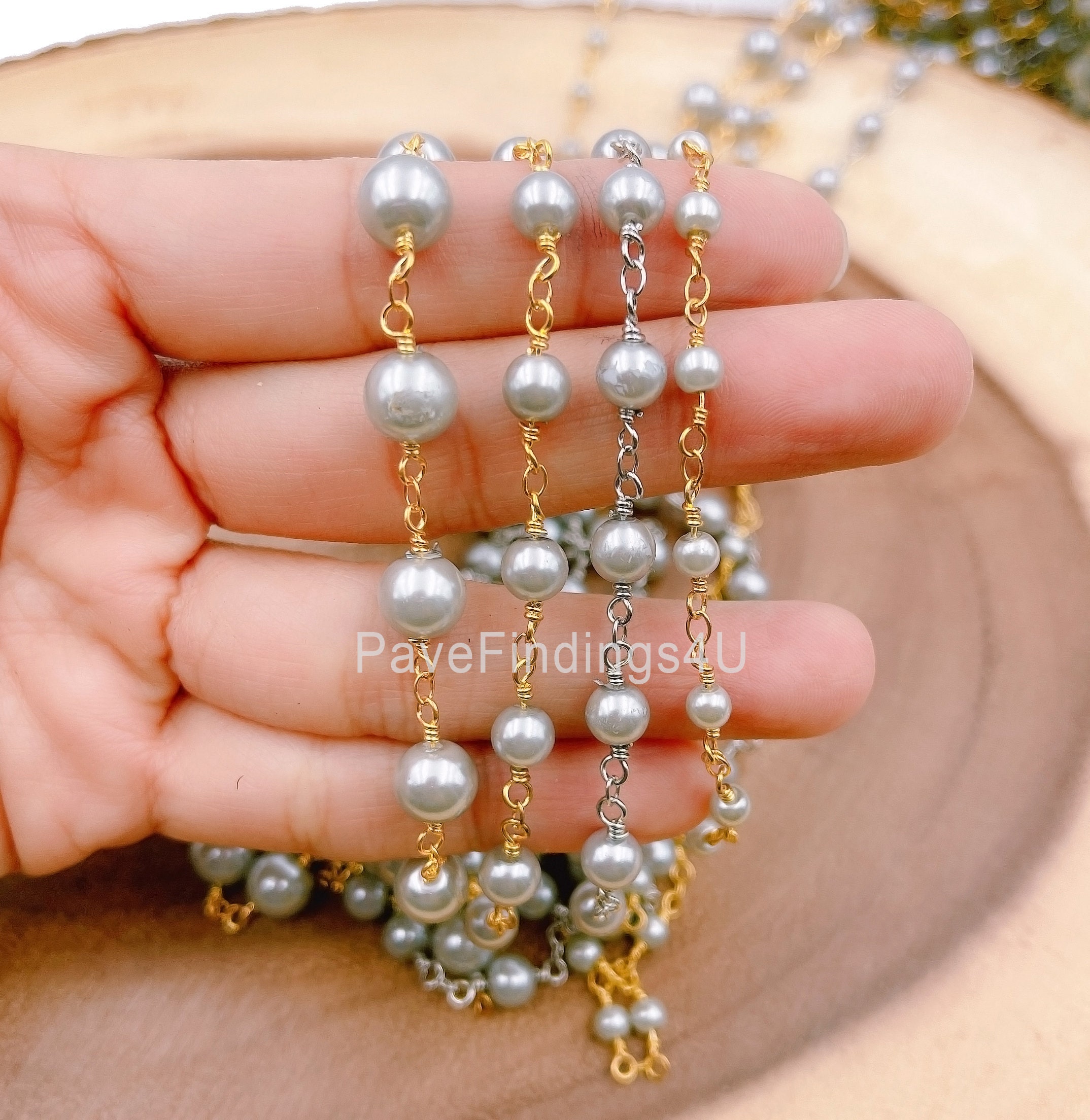 Catena di perle in oro 14 carati, catena del rosario in perle grigie, catena sfusa, perline di vetro rondelle, catena di perline, catena per collana,