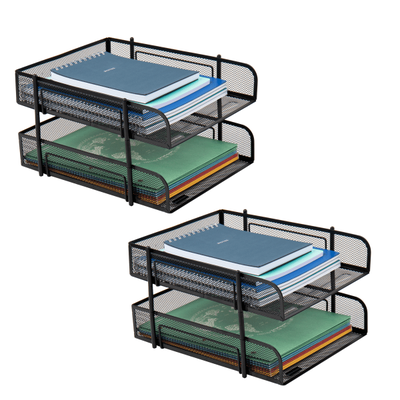 Mind Reader Stackable Paper Tray Desk Organizer, 7-1/2"h X 10-1/2"w X 13-1/4"d, Black, Set Of 2 Trays