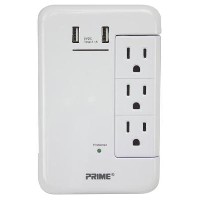 Prime 6-Outlet Wall Tap With 1,200-Joule Surge Protection And Dual Usb Charger, White, Pbrusb346S