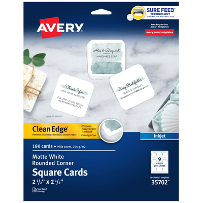 Avery Clean Edge Printable Square Cards With Sure Feed Technology & Rounded Corners, 2.5" X 2.5", White, 180 Blank Cards For Inkjet Printers