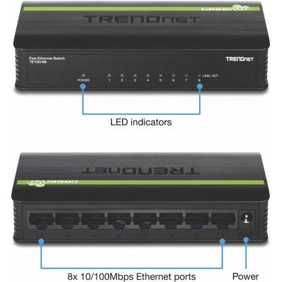 Trendnet 8-Port Unmanaged 10/100 Mbps Greennet Ethernet Desktop Switch; Te100-S8; 8 X 10/100 Mbps Ethernet Ports; 1.6 Gbps Switching Capacity; Plastic Housing; Network Ethernet Switch; Plug & Play