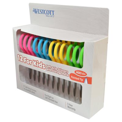 Westcott Soft-Handle Kids' Scissors, 5", Pointed, Assorted Colors, Pack Of 12