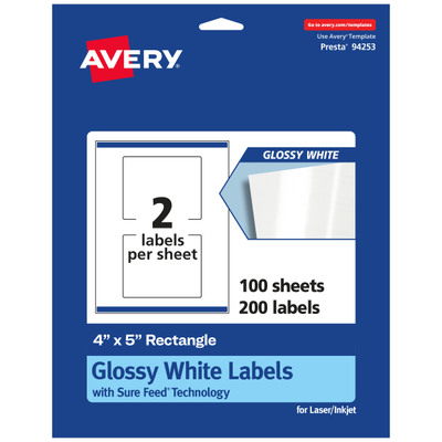 Avery Glossy Permanent Labels With Sure Feed 94253-Wgp100, Rectangle, 4