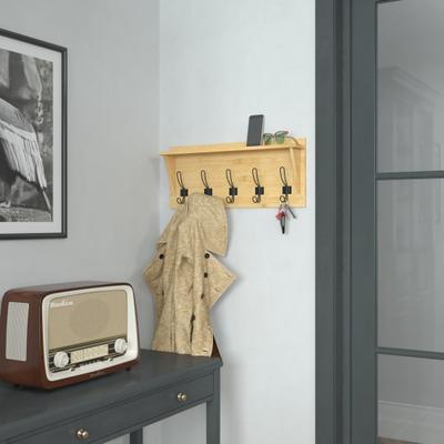 Flash Furniture Daly Wall-Mounted Solid Pine Wood Storage Rack With Upper Shelf And 5 Hanging Hooks, 10"h X 24"w X 4-5/16"d, Bamboo