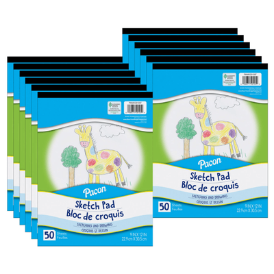 Pacon Sketch Pads, 9" X 12", White, 50 Sheets Per Pad, Pack Of 12 Pads