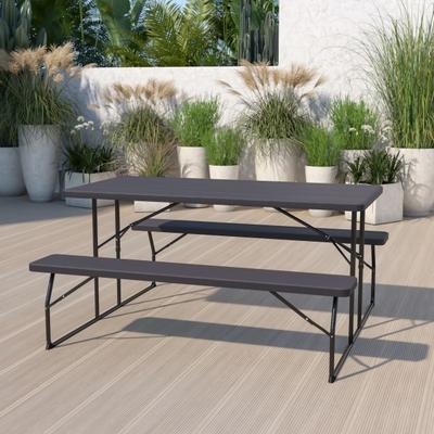 Flash Furniture Insta-Fold Wood-Grain Plastic Folding Picnic Table And Benches, 28-1/4"h X 53-3/4"w X 58-1/4"d, Charcoal