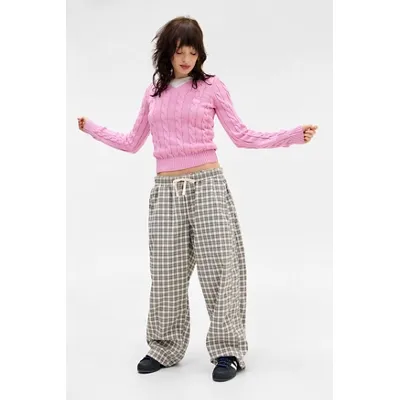 iets frans. Blaire V-Neck Cable Knit Jumper - Pink M at Urban Outfitters