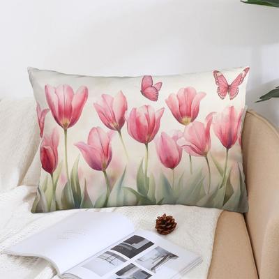 TEMU 1pc Style Watercolor Pink Tulips And Butterflies Print Pillow Cover, Soft Plush Polyester Decorative Throw Pillowcase With Zipper Closure, Machine Washable For Room Types - 12x20 Inch Image