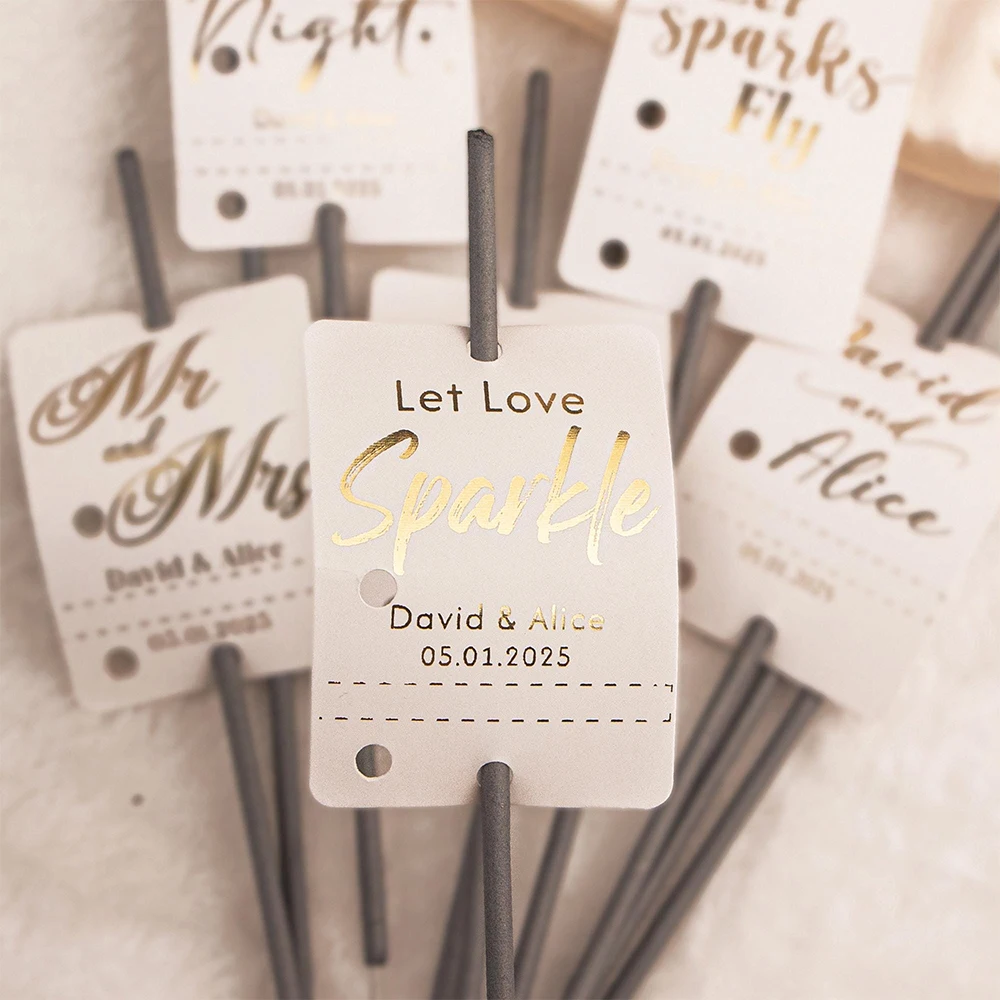 Personalisierte 50 Stück Hochzeits-Wunderkerzen-Tags „Let Love Sparkle“, individuelles Etikett, DIY, Geburtstage, Jubiläen, Neujahr, Feuerwerks-Tags Image