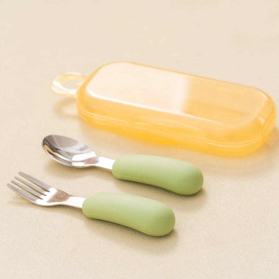 2PC Baby Silikon Edelstahl Löffel Set kinder Ausbildung Gabel Löffel Tragbare Baby Fütterung Utensilien Geschirr Set Mit box Image
