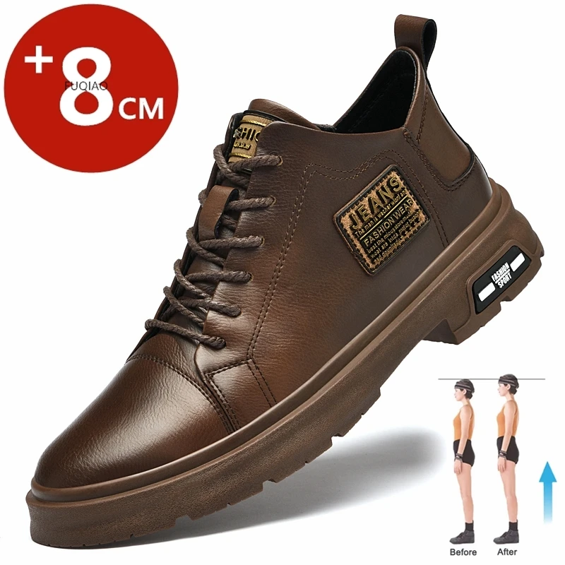 Männer Echtes Leder Erhöhung Schuhe Komfort Lace Up Casual Aufzug Schuhe Commerce Atmungsaktive Höhe Erhöhen Einlegesohle 8CM Sport Image