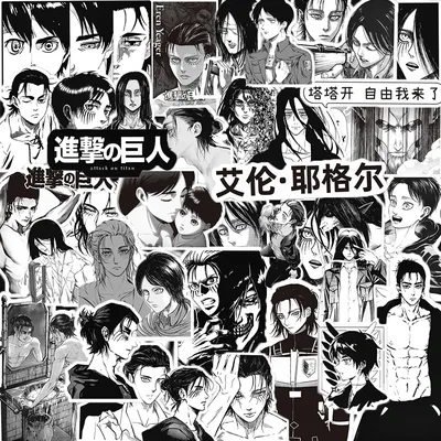 66 stücke schwarz weiß Anime Angriff auf Titan Aufkleber eren Jaeger Aufkleber Skateboard Motorrad Telefon Auto wasserdicht Aufkleber Kinderspiel zeug Image