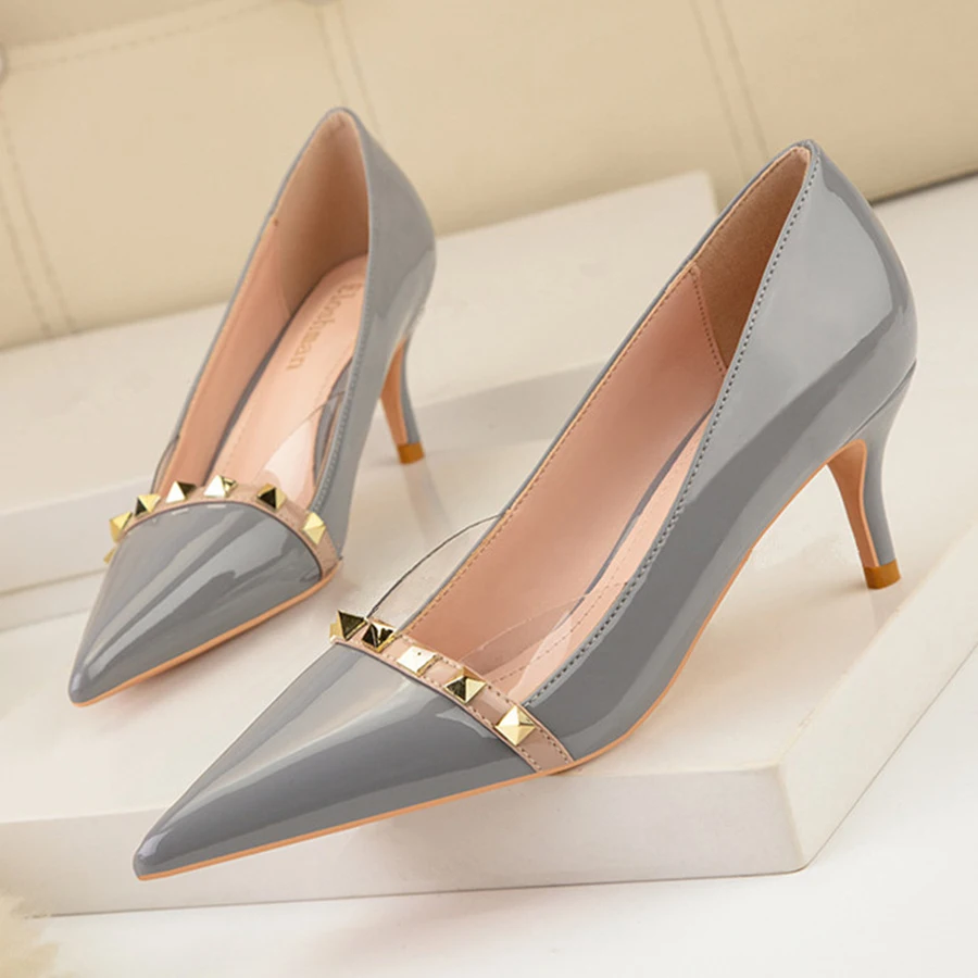Women Fashion Rivet Patent Leather Shoes New Spring Pointed Toe High Heels Pumps Show Thin Transparent Ladies Office Shoes Dress