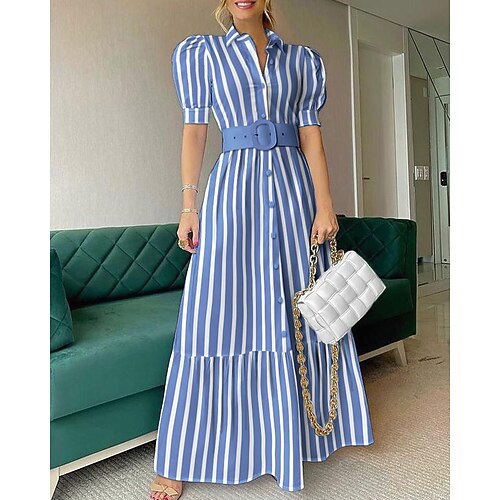 Damen kleid lang blusenkleid Casual kleid Sommerkleid Stilvoll Brautkleider schlicht Urlaub Täglich Verabredung Regular Fit Streifen Kurzarm Kargen Weiß Blau Sommer Frühling Image