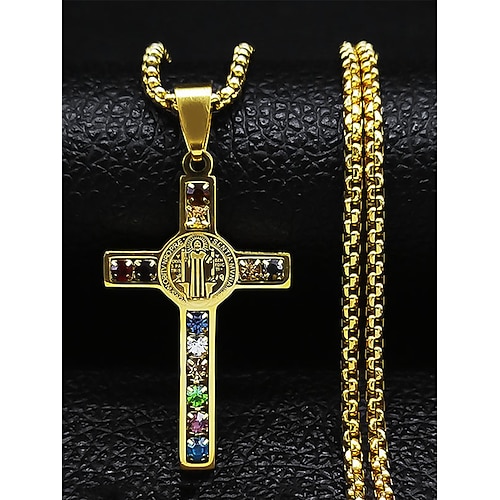 collana da uomo in acciaio inossidabile placcato oro con croce e pietre preziose multicolori – ciondolo religioso, catena elegante da indossare tutti i giorni, regali per occasioni religiose