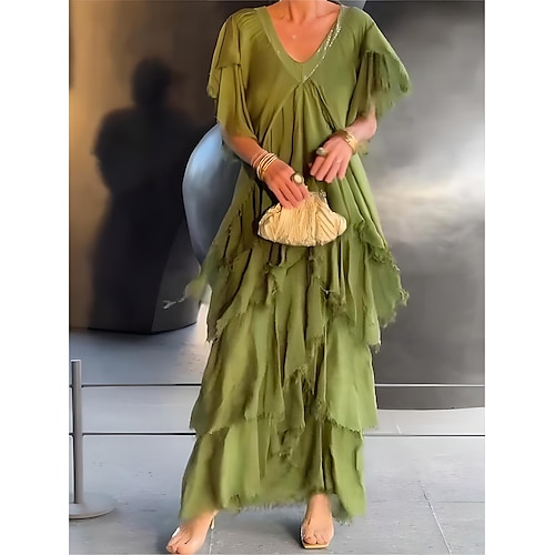 Abito lungo da donna, abito casual, elegante, alla moda, casual, per vacanza, festa, quotidiano, vestibilità regolare, tinta unita, manica corta, scollo a V, nero, verde, grigio, estate, primavera, autunno.