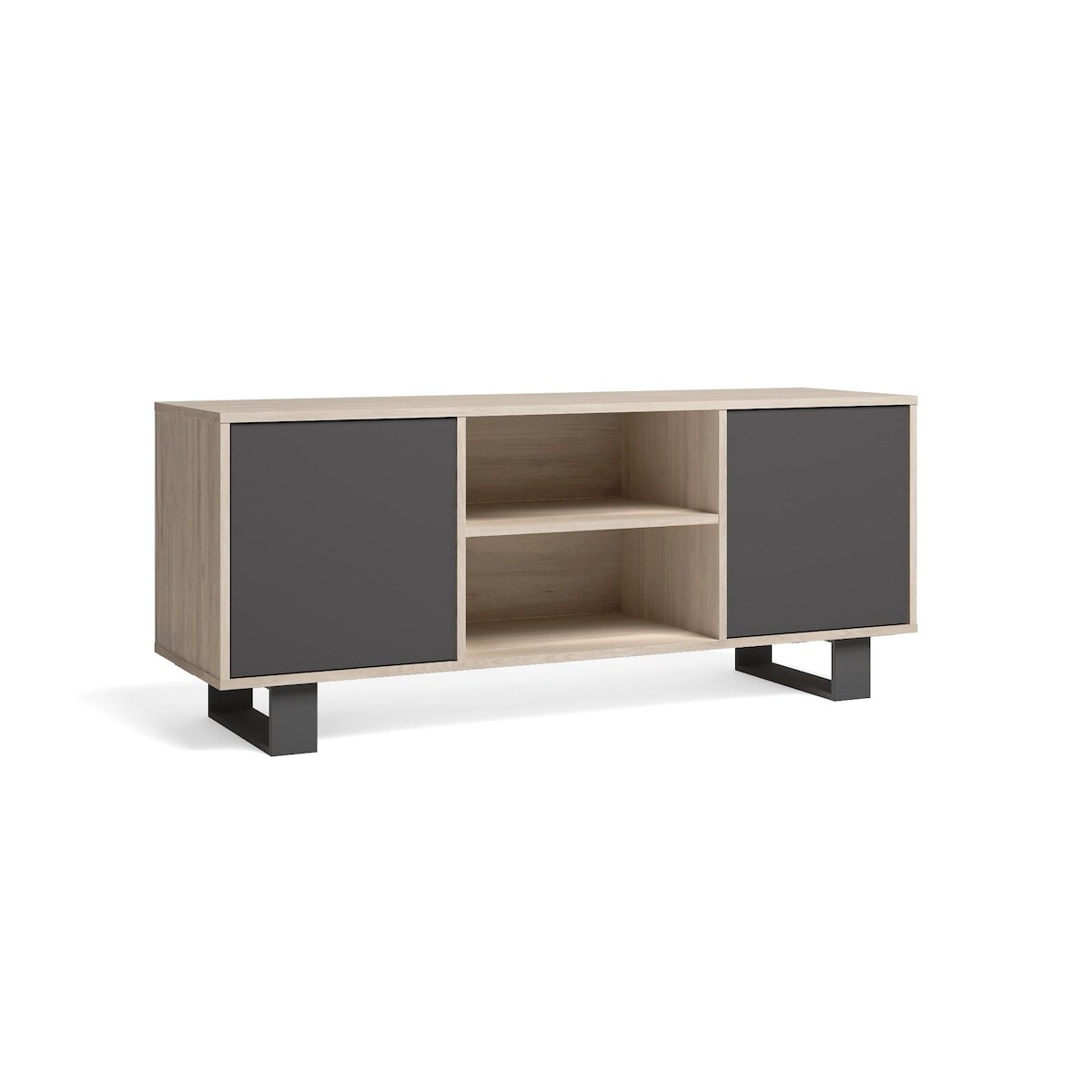 SKRAUT HOME TV-Schrank 140 mit 2 Türen, Wohn-Esszimmer, Modell WIND, Strukturfarbe Eiche, Türfarbe Anthrazitgrau, Maße 137x40x57cm hoch. _ TV140WINDROGRTALL Image