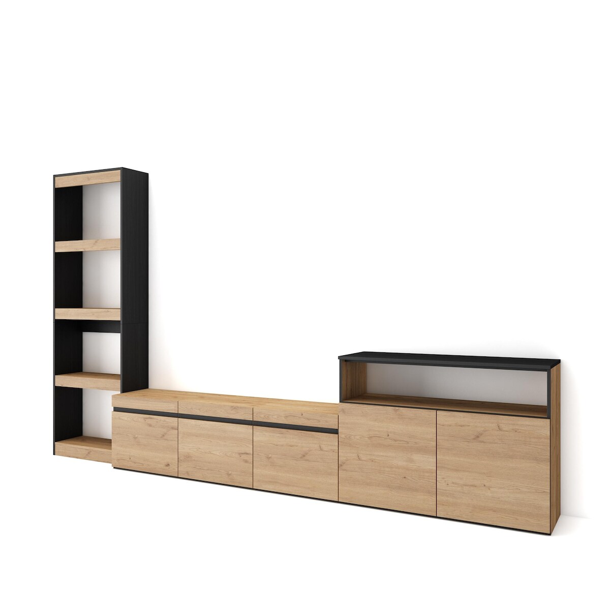 SKRAUT HOME Wohnzimmer-TV-Schrank, Wohnzimmer-Wandsystem, 310x35x186cm, Für TV bis 65“, Möbelset, Moderner Stil, Eiche und Schwarz _ 100_193 Image