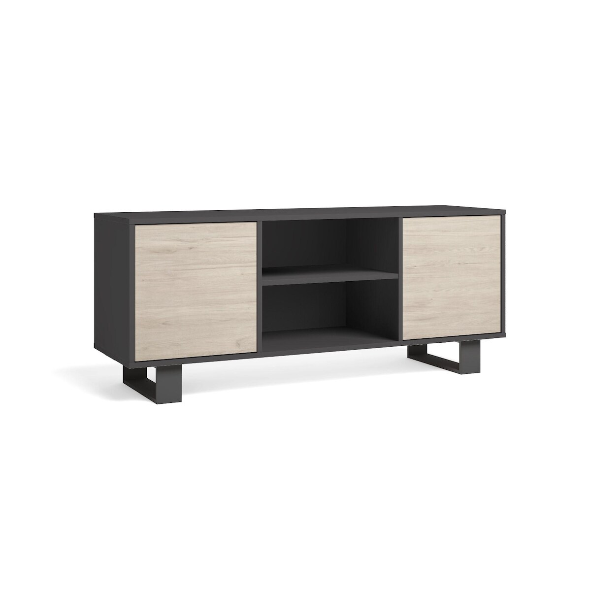 SKRAUT HOME TV-Schrank 140 mit 2 Türen, Wohnzimmer, Modell WIND, Strukturfarbe Anthrazitgrau, Türen Eiche, Maße 137x40x57cm hoch. - TV140WINDGRROTALL Image