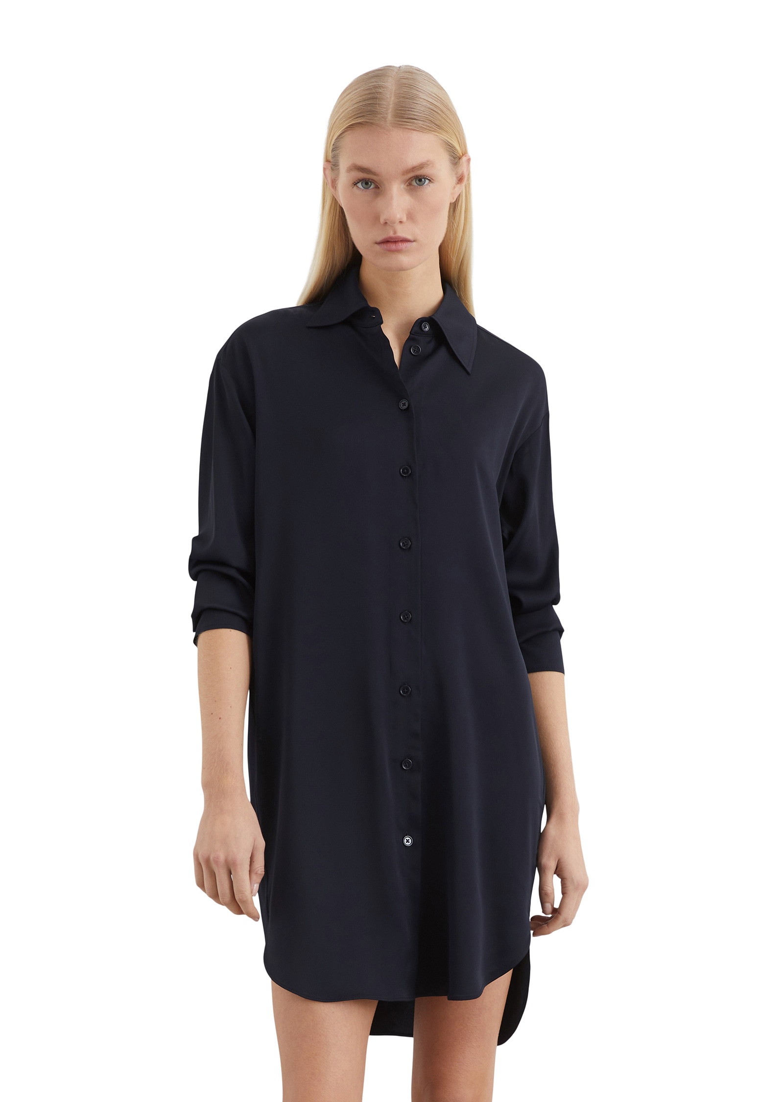 Hemdblusenkleid MARC O'POLO "aus fließendem Viskose-Stretch", Damen, Gr. 42, Normalgrößen, blau (m888), Obermaterial: 99% Viskose, 1% Elasthan, unifarben, knielang, Manschette, Kleider