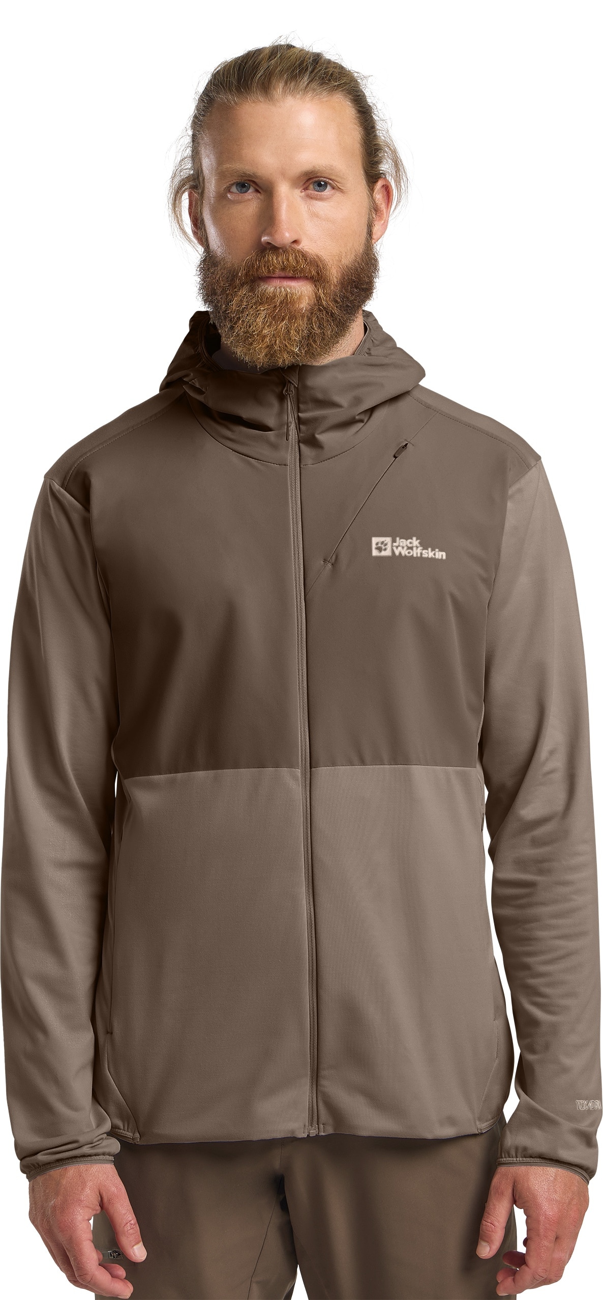 Kapuzenfleecejacke JACK WOLFSKIN "PRELIGHT TRAIL HOODY M", Herren, Gr. M (50), braun (cold, coffee), Oberstoff: 84% POLYESTER, 16% ELASTHAN; Kontrastmaterial 1: 100% POLYESTER ; Futter 1:00% POLYESTER, Jacken