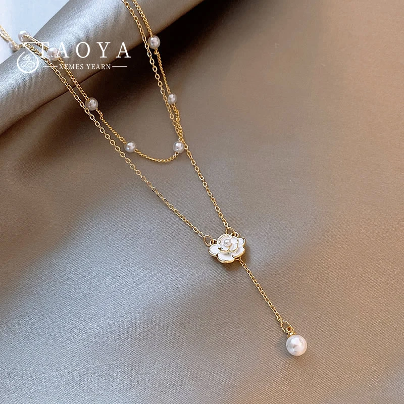 Collier avec pendentif en perles de fleur de camélia pour femmes, Double couche, sens du Design, nouveaux bijoux, chaîne de clavicule Sexy, accessoire pour femmes, 2024