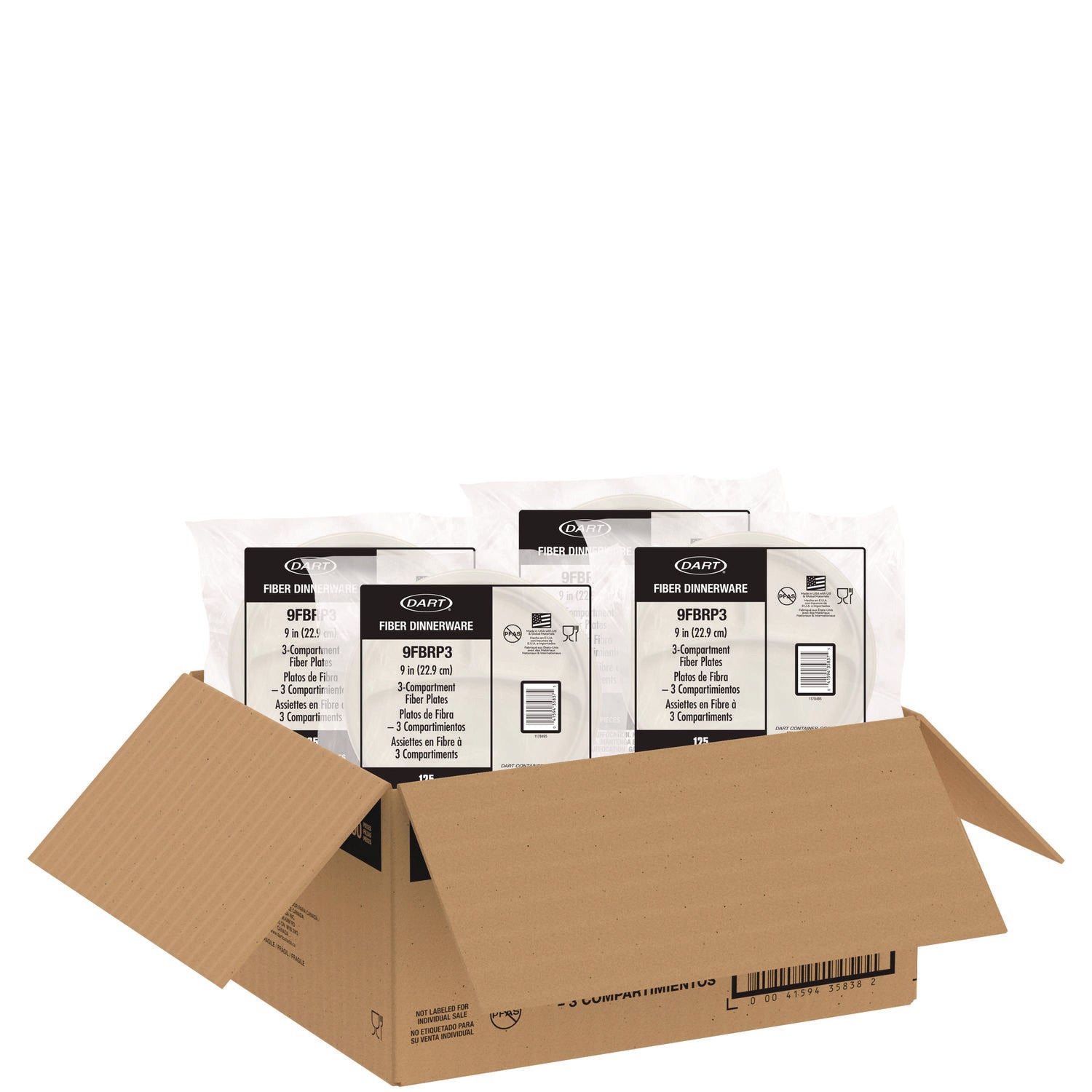 Dart Compostable Fiber Dinnerware, ProPlanet Seal, Plate, 3-Compartment Plate, 9" dia, Natural, 500/Carton (DCC9FBRP3)