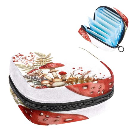 1Pc Cute Period Bag Menstrual Cup Pouch Large Storage Bag Sanitary Purse for Sanitary Napkin Pads Mushrooms Fern and Berries Pads Organizer for Girls Women