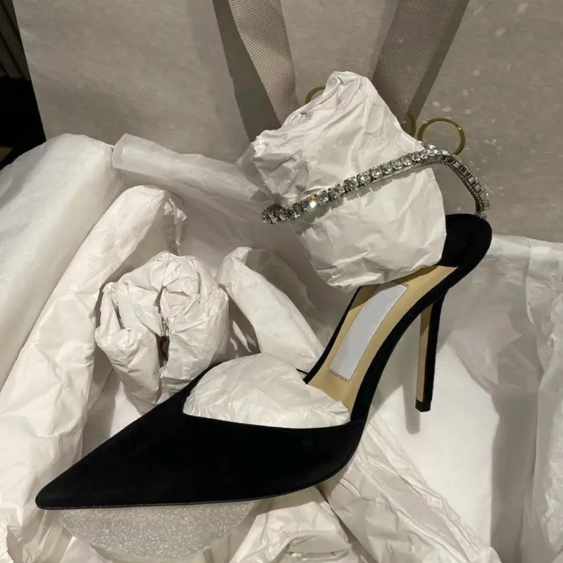 2024 New Velvet Surface Pointed Toe Slip-On Women's Sandals Black Rhinestone Chain JC High Heels Thin Heel Office Suitable