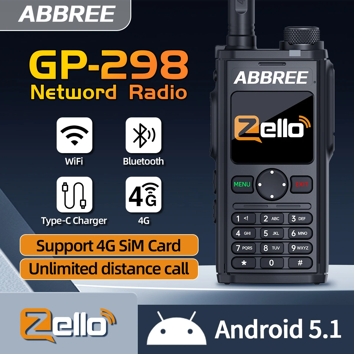 ABBREE GP-298 POC Netzwerk Walkie Talkie Global POC Radio Unbegrenzte Entfernung Zello 4G SIM Karte Android Bluetooth WIFI Radio Image