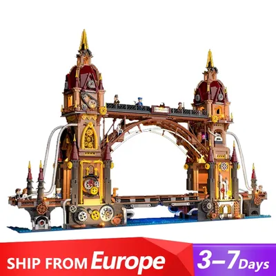 Klemmbausteine Steampunk City Bridge Gebäude Sets, Stadt mit 9 Figuren Beleuchtung Modell modulare Gebäude Blöcke Geschenk für Erwachsene Kinder 3170 pcs Image