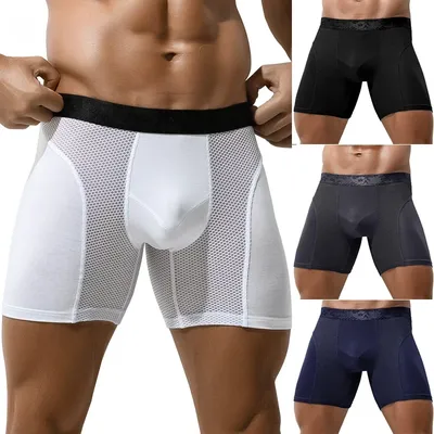 Herren-Boxershorts mit Total Support Pouch, X-Temp, kühlende, feuchtigkeitsableitende Unterwäsche, langes Bein und Trunk-Mesh-Patchwork-Unterhose