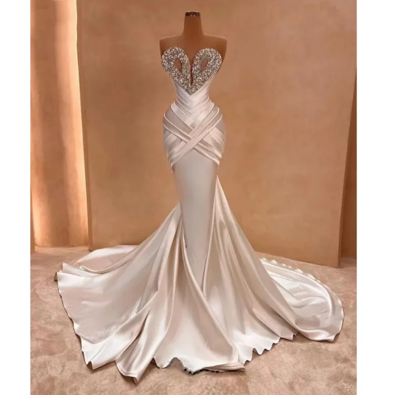 Lange weiße Abendkleider, luxuriös, herzförmig, mit Perlen besetzt, mit Strasssteinen, afrikanisches langes formelles Abendkleid für Hochzeit, Party, individuell