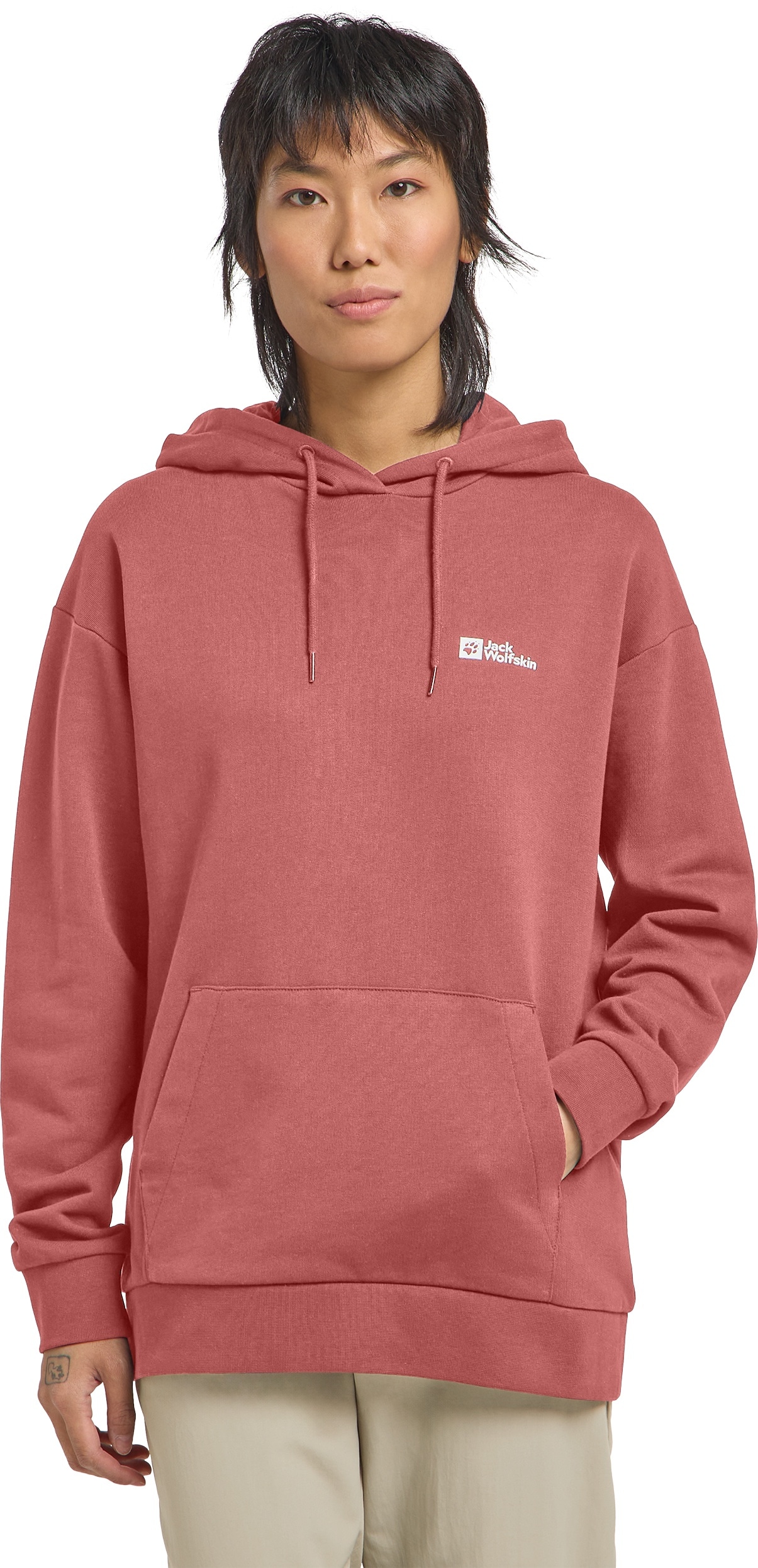 Kapuzenpullover JACK WOLFSKIN "ESSENTIAL HOODIE W", Damen, Gr. L (42/44), rot (mineral, rot), Oberstoff: 100% BAUMWOLLE ; Kontrastmaterial 1: 95% BAUMWOLLE, 5% ELASTHAN; Kontrastmaterial 2: 100% BAUMWOLLE, Pullover Kapuzenpullover