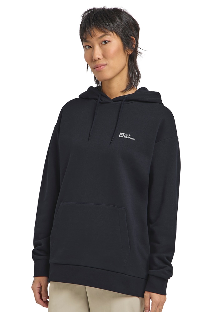Kapuzenpullover JACK WOLFSKIN "ESSENTIAL HOODIE W", Damen, Gr. S (36), blau (schwarz, navy), Oberstoff: 100% BAUMWOLLE ; Kontrastmaterial 1: 95% BAUMWOLLE, 5% ELASTHAN; Kontrastmaterial 2: 100% BAUMWOLLE, Pullover Kapuzenpullover