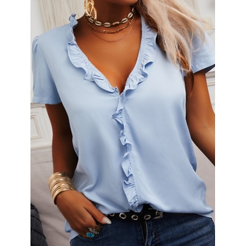 Damen Hemd Bluse Rüsche Einfarbig Lässig Kurzarm V Ausschnitt Normale Oberteile Täglich Blau Schwarz Weiß Grün Grau Sommer Image