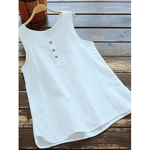 Damen Hemd Bluse Kunstbaumwollleinen Knöpfe Einfarbig Basic Lässig Ärmellos Rundhalsausschnitt Normale Oberteile Täglich Blau Schwarz Weiß Rosa Grau Sommer Image