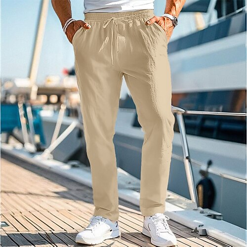 Herren Leinenhose Hose Hosen Sommerhosen Strandhose Kordelzug Elastische Taille Gerade geschnitten Glatt Komfort Atmungsaktiv Casual Täglich Festtage Modisch Klassicher Stil Schwarz Weiß Image