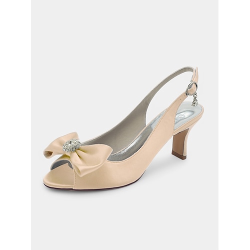Champagnerfarbene Satin-Slingback-Pumps für Brautjungfern – Peeptoe-Schleifen-Hochzeitsschuhe, Strassbrosche-Pumps mit Kitten-Heel für Brautjungfern, Zeremonie, Empfang, Abschlussball und festliche Anlässe Image